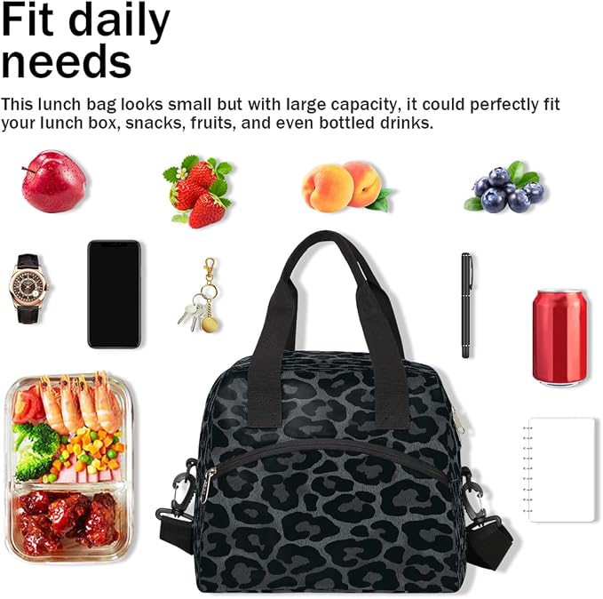 Pardick Cheetah Leopard Black Insulated Lunch Bag for Women Girl Reusable Lunch Tote Box With Shoulder Strap Lightweight Thermal Cooler Meal Prep Bag for Work School Office Picnic