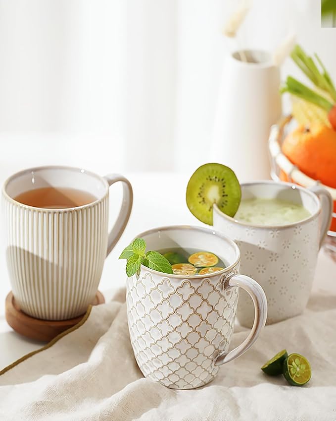 getstar Ceramic Coffee Mugs 12oz Set of 4, Pottery Coffee Tea Cup Set for Kitchen with Texture Patterns for Coffee, Tea, Hot Cocoa, Milk, Microwave and Dishwasher Safe