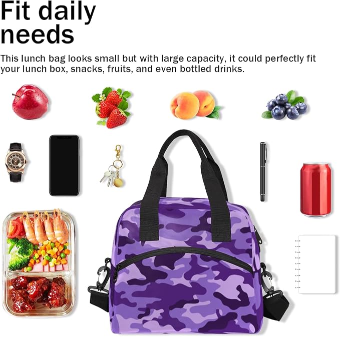 Purple Camouflage Insulated Lunch Bag for Women Men Reusable Lunch Box Cooler Bag Large Leakproof Lunch Tote with Adjustable Shoulder Strap for Adult Work Picnic Camping Beach Office
