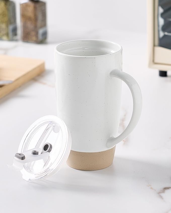 famiware Milkyway Coffee Mugs, 20oz Large Coffee Mug, Ceramic Mug Set of 2 with Lid, Cup Set with Handle for Latte, Tea, Cocoa, Milk, Home & Office, White