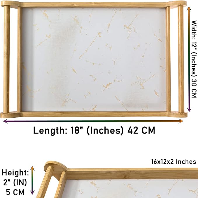 Large Serving Tray - Bamboo Wood Rectangle W/Round Handles - Great Coffee Table or Ottoman Platter Decorative Trays - Breakfast, Dinner, Eating Food in Bed, or Tea Tray W/Raised Edge 18x12 White