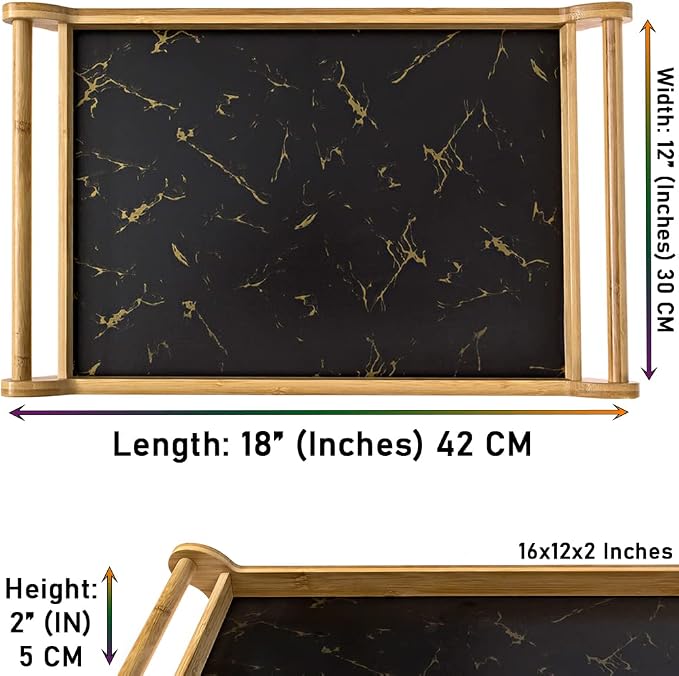 Large Serving Tray - Bamboo Wood Rectangle with Round Handles - Great Coffee Table or Ottoman Platter Decorative Trays - Breakfast, Dinner, Eating Food in Bed, or Tea Tray W/Raised Edge 18x12 Black