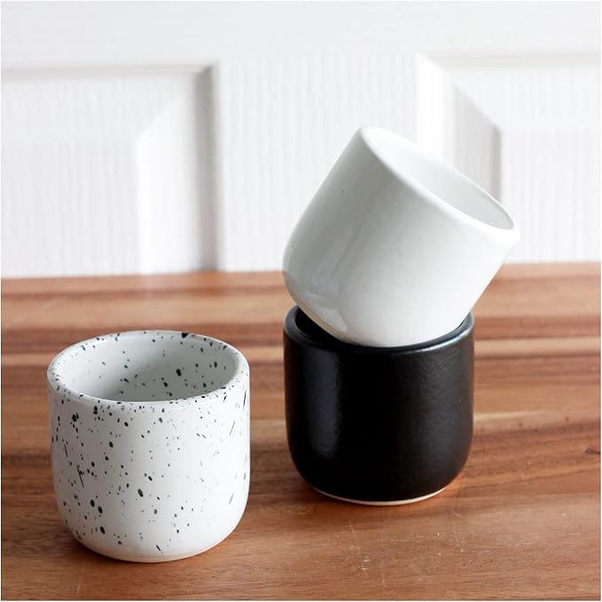 RoRo Handcrafted Ceramic Sipper Cups Set of 2-8 oz | White Glossy with Dark Speckles | Microwave & Dishwasher Safe | Compact Design for Coffee & Tea