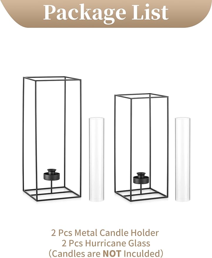 Sziqiqi Hurricane Candlestick Holders Black: Geometric Candle Holder for Taper - Glass Candle Stick Holder for Wedding Minimalist Candleholder Decor for Living Room Outdoor Set of 2