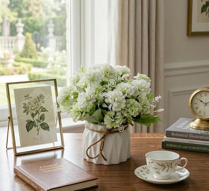 TKAS Fake Flowers Arrangement in Ceramic Vase, Artificial Faux Silk Hydrangea, Small Realistic Dried-Style Floral, Dining Table Centerpiece for Wedding Party Home Decoration (Green)