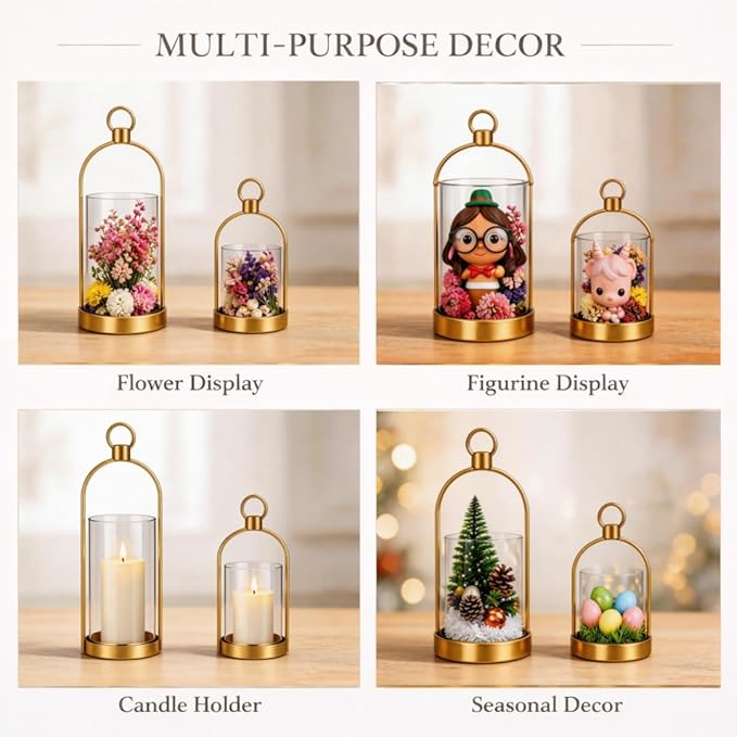 Gold Glass Candle Holder Set of 2, Modern Decorative Hurricane Candle Holders with Thick Glass Cylinder & Vintage Metal Frame for Table Centerpiece, Living Room, Shelf & Dining Table Decor