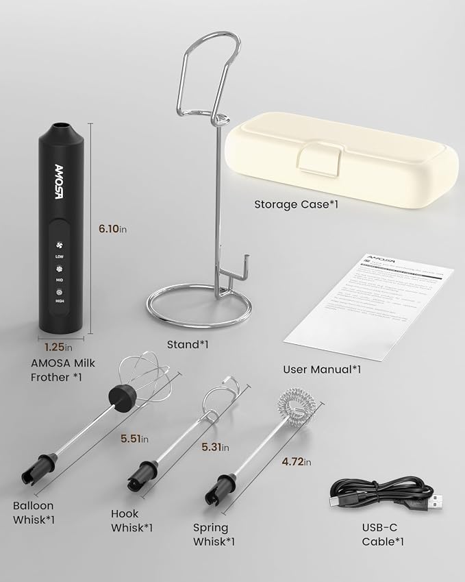 AMOSA Milk Frother Handheld with Stand, Rechargeable Frother with 3 Speeds & 3 Heads, Travel Frother with Case, Coffee Mixer for Latte, Milk, Cream, Egg, Coffee, Cappuccino