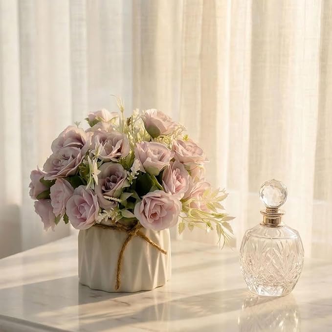 TKAS Fake Flowers Arrangement in Ceramic Vase, Artificial Faux Silk Roses, Small Realistic Dried-Style Floral, Dining Table Centerpiece for Wedding Party Home Decoration (Purple)