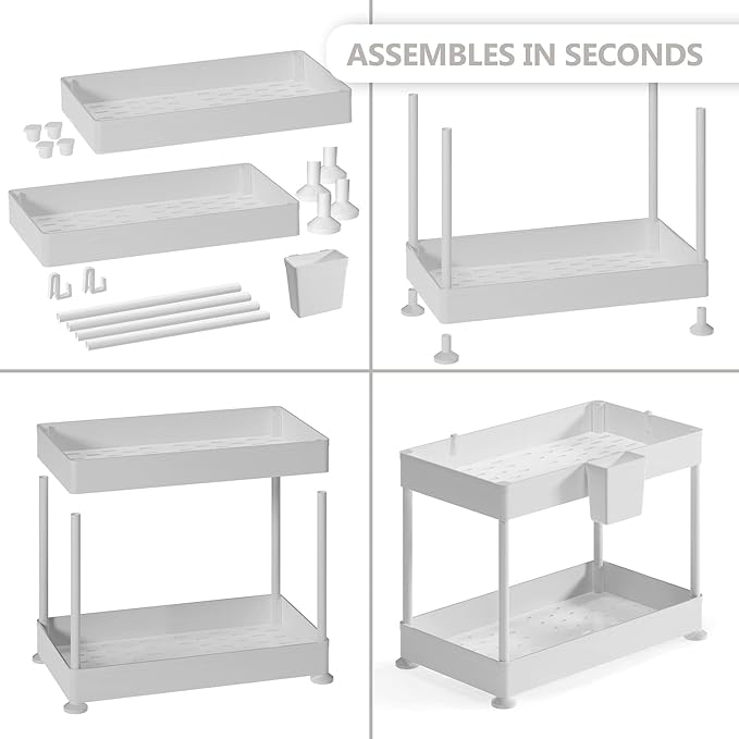 Under Sink Organizers and Storage | Bathroom Cabinet Organizer, Sink Shelf with Utility Hooks and Side Caddy for Under Cabinet Storage | White (1-Pack) Non Slip Grip Under Kitchen Sink Organizer