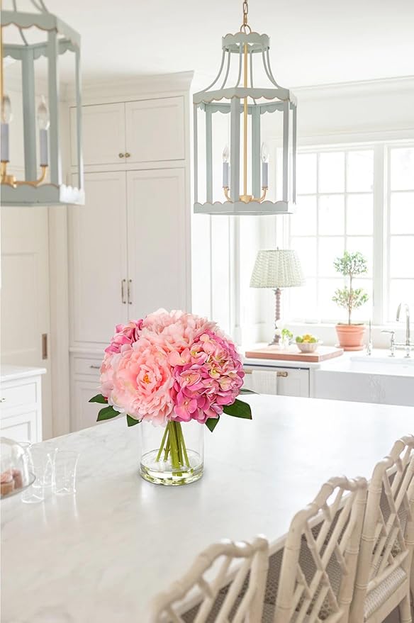 Hollyone Artificial Flowers Arrangements in Vase Pink Peonies and Hydrangea with Faux Water Faux Peony Hydrangea Flowers Silk Hydrangeas Fake Flower with Vase for Table Centerpiece Shelf Home Decor