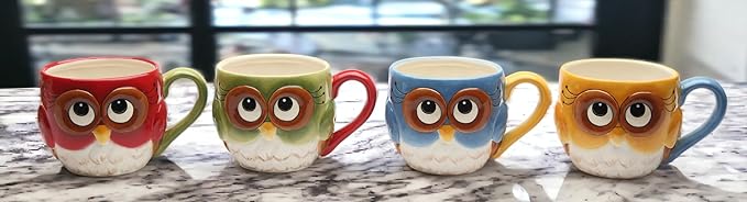 Cosmos Gifts Fine Ceramic Owl Designs Mugs (Set of 4) , 2-3/4"