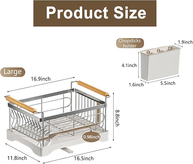 Stainless Steel Dish Drying Rack,304 Grade Rustproof Dish Rack for Kitchen Counter with Drain Board & Detachable Holder (Large & Holder)
