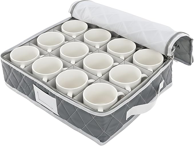 Mug Storage Organizer Set of 2 – 12 Compartment Cup Storage Boxes with Lid, Stackable Woven Fabric Holder for Coffee Mugs, Glassware & Teacups (Oxford Cloth, Padded, Gray)