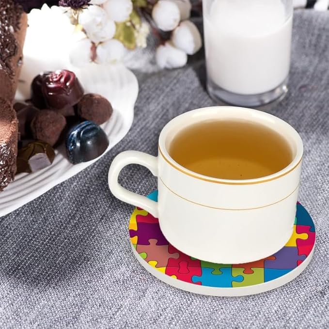 Ceramic Stone Coasters for Drinks Cup, Colorful Puzzle Background Absorbent Anti Slip Cup Coasters with Cork Base for Kitchen Living Room Office Decor Housewarming Gift Set of 1 (4 * 4 Inch)