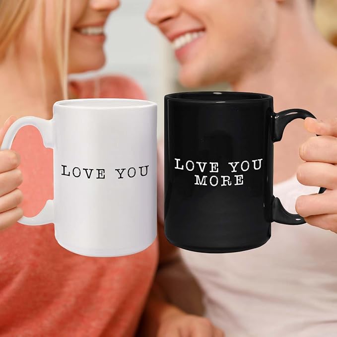 Love You More Mugs / 2 Jumbo 15 Ounce Black And White Matching Husband Wife Ceramic Mugs / Newlywed Couples Wedding Coffee Cup Present Set / One Black & One White Mug Relationship Anniversary Cup Pair