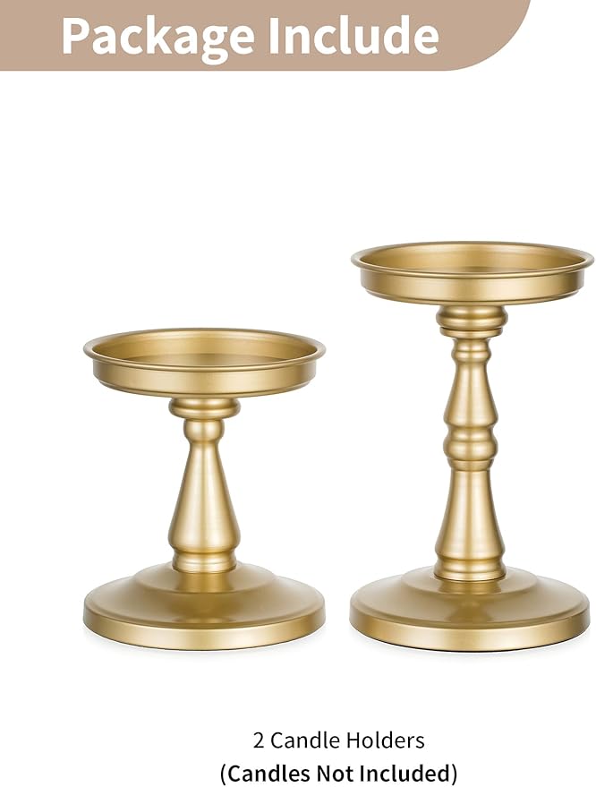 NUPTIO Large Candle Holder Set: 2pcs Large Gold Stand for 4" Diameter Pillars - Vintage Metal Pedestal for Dining Table Centerpieces Decor