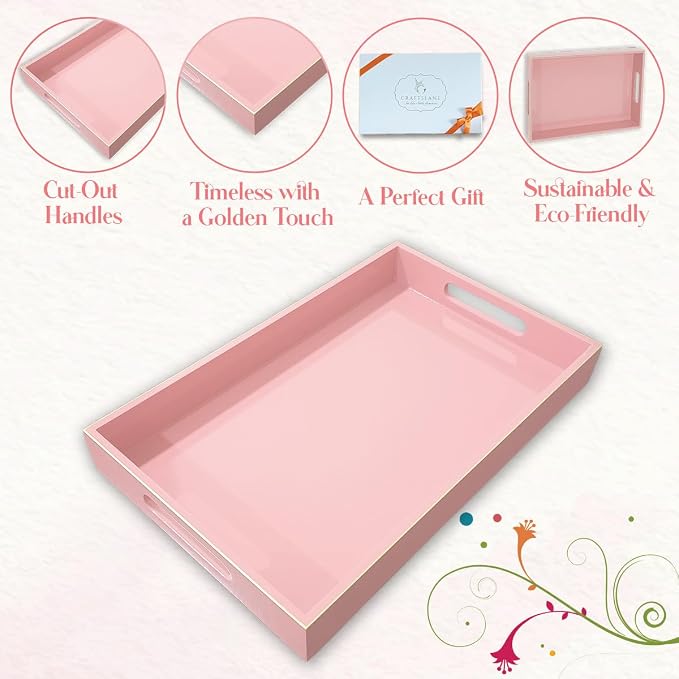 Handcrafted Wooden Serving Tray | Tray with Handle for Snacks, Tea, Kitchen, Coffee Table, Dining | High Gloss Finish with Gold Trim |12.25 x 7.75 x 1.5 inches (Baby Pink)