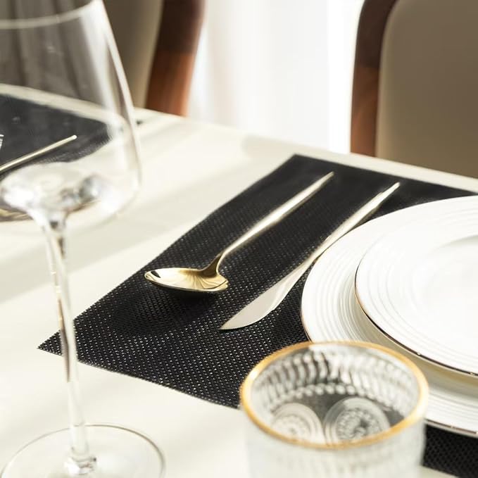 Placemats Set of 8 Vinyl/Plastic Woven Place Mats for Kitchen Table Indoor/Outdoor Washable Placemat Wipeable Dining Table Mats (Full Black,8)