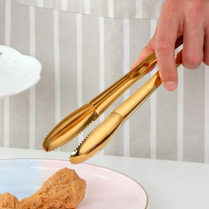 Stainless Steel Cooking Tongs for Frying, 9 Inches Serving Tongs Appetizers Charcuterie with Teeth for Parties, Food Tongs Kitchen Tongs for Nonstick Cookware, Set of 2 (Gold)