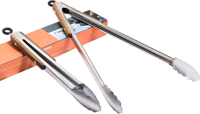 12 & 16 Inch Food Tongs Set, Food Grade Stainless Steel Kitchen Tongs with Long Walnut Wooden Anti-Scald Handle, Heat Resistant Cooking Tongs for BBQ Grilling Baking Frying, Safe for Adults & Kids