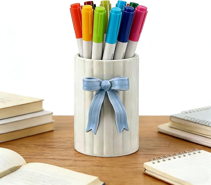 Handmade Blue Bow Ceramic Utensil Holder, 3D Coquette Cooking Utensil Crock for Kitchen Counter, Preppy Storage Caddy Organizer Vase Decor for Kitchen Countertop