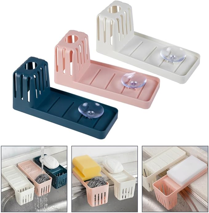 3pcs Kitchen Soap Rack Suction Cup Design and Lengthened Beveled Edges, Blue Pp Material Sponge Draining Organizer Shelves over Sink Storage and Rice Spoon Holder Random Color