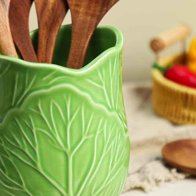 Ceramic Green Cabbage Kitchen Utensil Holder, Large Cooking Utensil Crocks for Countertop, Ocean Style Utensil Organizer for Spatula and Home, B