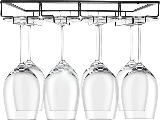 Wine Glass Holder – Practical Under Cabinet Wine Glass Hanger – Heavy-Duty Metal Drinkware Holder Under Cabinet Hanging Rack for Kitchen and Bar – 4 Rack, holiday home bar accessory