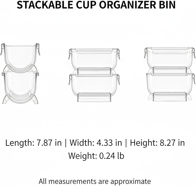 Clear Stackable Cup Organizer Bin, Vertical Storage Container for Kitchen Cabinets & Pantry, Durable PP Plastic