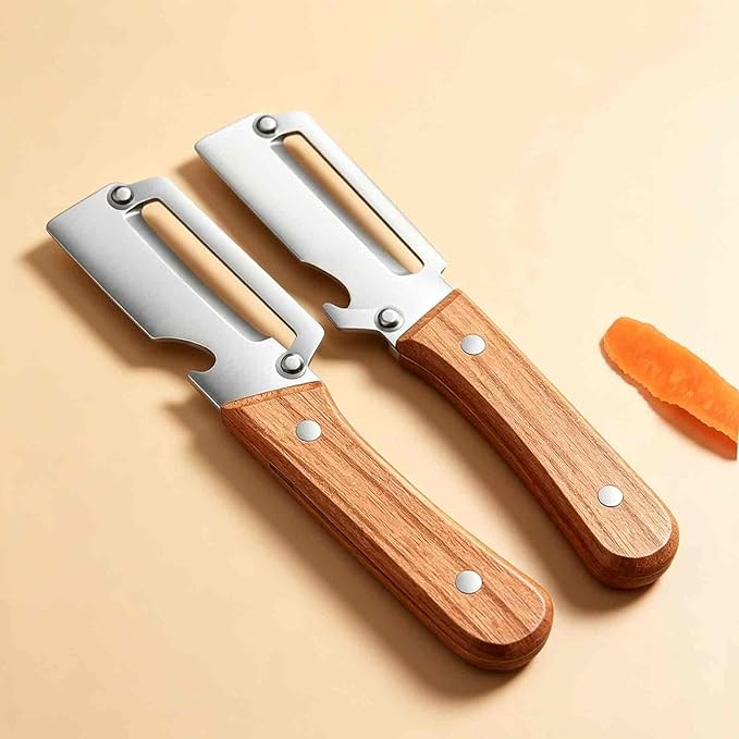 Hand Held Peeler for Vegetables & Fruits,Stainless Steel Vegetable Peeler with Non-Slip Wooden Handle,2-in-1 Kitchen Peeler & Bottle Opener for Potatoes, Apples,Carrots,for Home Kitchen & Camping (2)