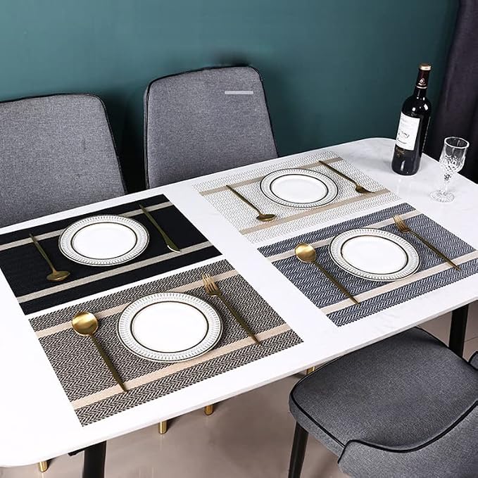 PIGCHCY Luxurious Placemats Set of 4, Non-Slip Placemats Easy to Wipe Clean Kitchen Durable Table Mats for Home/Dining Room Decoration (Black,18 X 12 inches)