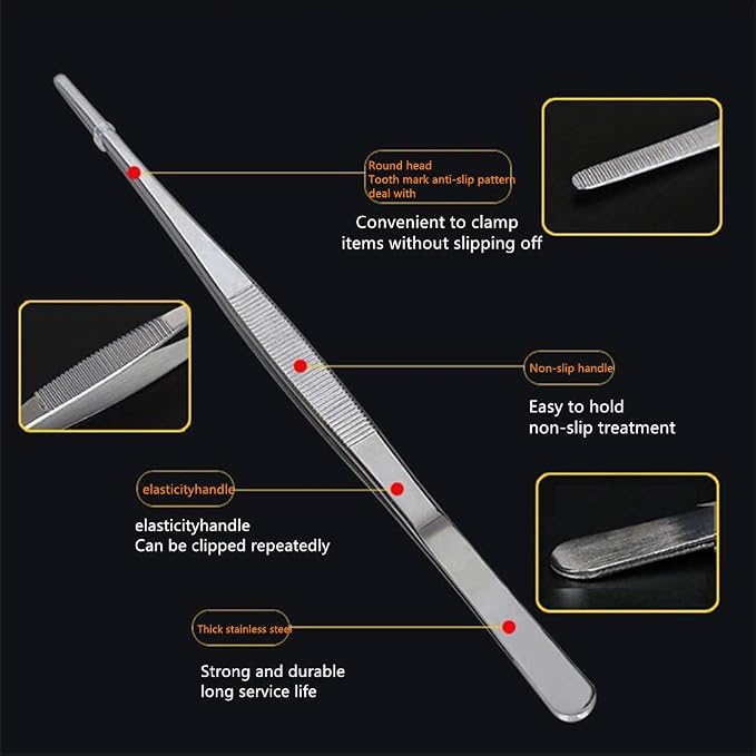 Aniso Long Tweezers, Stainless Steel, 8 inches | Precision Serrated Tip, Cooking Tweezers Tongs, For Barbecue, Hand-Made,Steaks, Bread, Pizza, Salads
