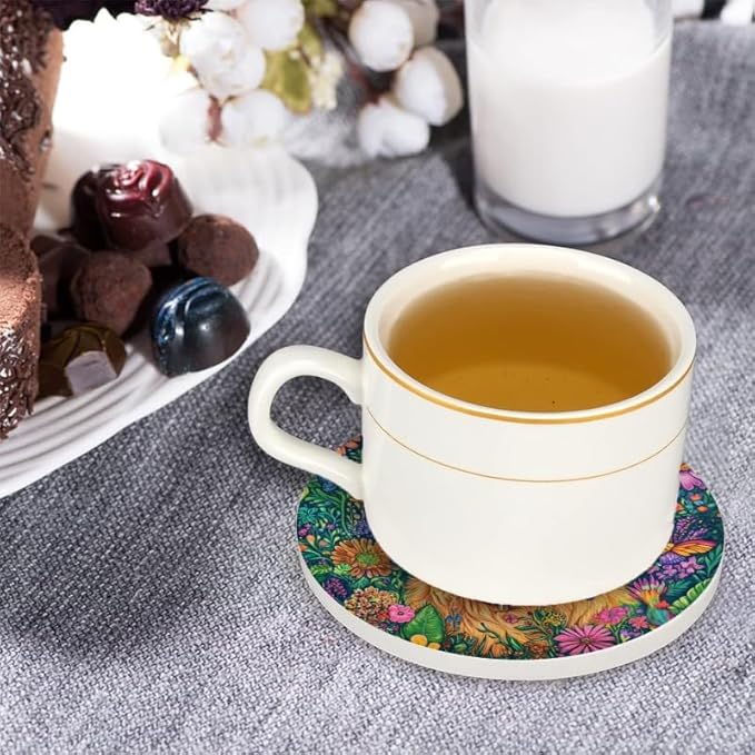 1 Pcs Coffee Cup Coasters for Drinks, Golden Retriever in Floral Paradise Round Absorbent Non-Slip Ceramic Stone Cork Coasters for Kitchen Living Room Office Decoration Bar (4 * 4 Inch)