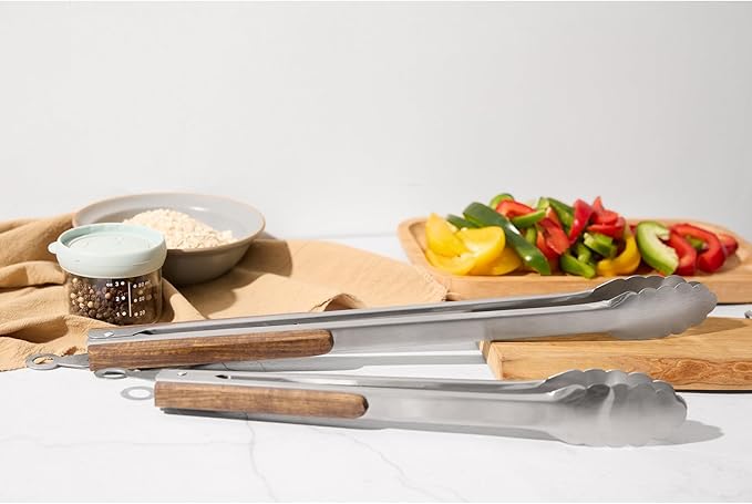 16" & 12" Heavy Duty Stainless Steel Grill Tongs with Locking Mechanism & Heat-Resistant Wooden Handle - 2-Pack BBQ Tongs for Grilling, Barbecue, Kitchen Cooking Accessories