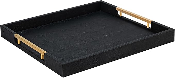Black Faux Leather Decorative Serving Tray with Handles – Large Square for Coffee Table, Ottoman, Living Room & Bathroom Home Decor