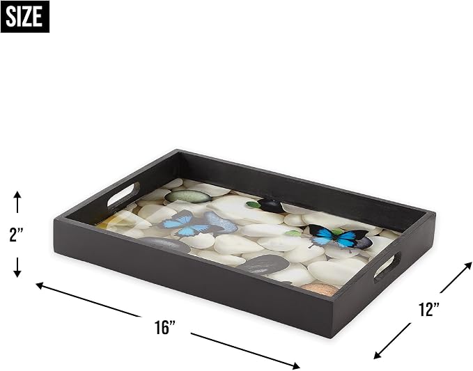 Zingz & Thingz Butterfly Garden Collection Wooden Serving Tray, Black, 16x12x2