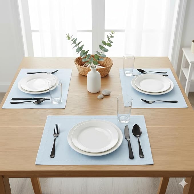 Urban Villa Placemats for Dining Table 100% Cotton Placemats 14''x20'' Over Sized Tablemats Set of 6 Placemats Hemstitch Sky Blue Tablemats for Family Dinners Wedding Parties Placemats