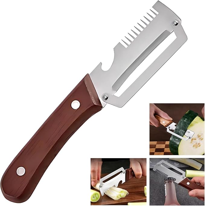 2026 Upgraded Multi-Functional Vegetable Peeler, Premium Vegetable Peeler with Wooden Handle and Bottle Opener, 3-in-1 Peeler & Bottle Opener for Fruit Potato Carrot Kitchen Gadget