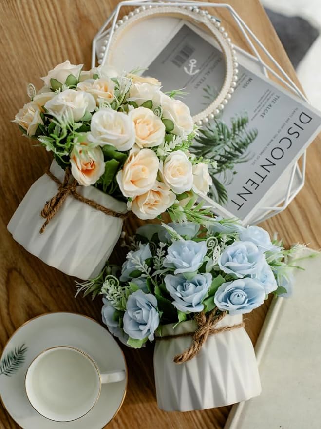 TKAS Fake Flowers Arrangement in Ceramic Vase, Artificial Faux Silk Roses, Small Realistic Dried-Style Floral, Dining Table Centerpiece for Wedding Party Home Decoration (Champagne White)