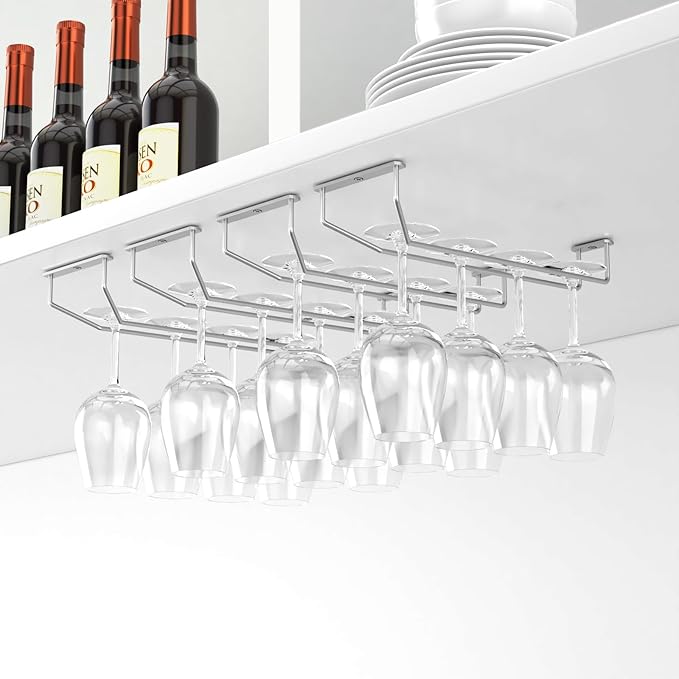 FOMANSH 14-Inch Under Cabinet Wine Glass Holder - Metal Stemware Storage Hanger, Single Rail Hanging Rack for Kitchen Bar - Set of 2