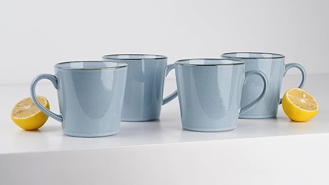 famiware Coffee Mug Set of 4, Annecy 14 oz Ceramic Reusable Cups Set with Handle, Microwavable and Dishwasherable Stoneware Drinkware Set for Tea, Milk, Water, Reactive Blue