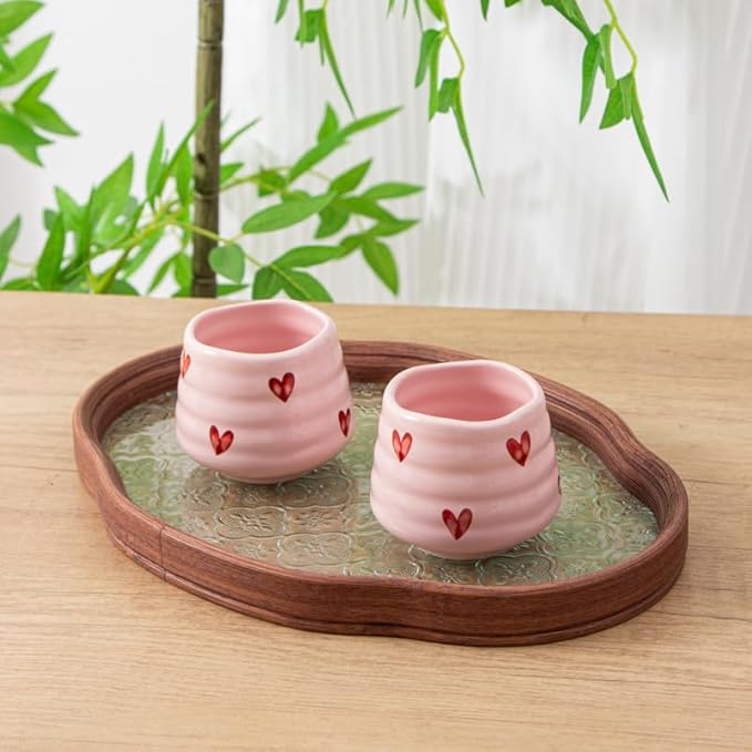 4pcs Japanese Tea Cup Set – Mini Size Cup 5OZ Ceramic Matcha Cup, Handless Espresso Cups, Cute Small Coffee Mugs for Coffee Tea Lovers, Dishwasher & Microwave Safe (Pink Love)