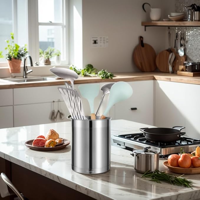 KSENDALO 3 Pack Utensil Holder Stainless Steel 6.3inch Deep,Silver | Brushed Finish, Doubled Base for Stable, Shiny Stainless Style, 5inch Wide, 6.60inch Tall