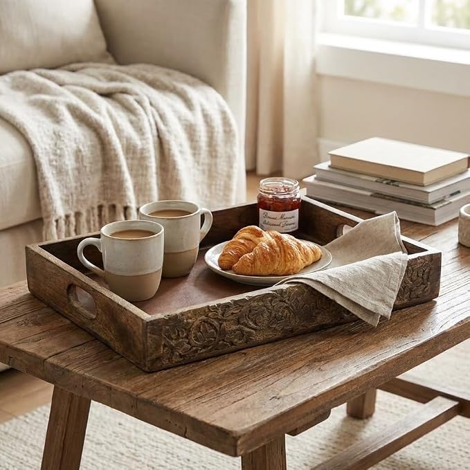STORE INDYA Hand Crafted Vintage Wooden Rectangular Serving Tray with Handle for Breakfast, Tea, Coffee Table | Unique Gifts, Home Decor | 15 x 10 Inches