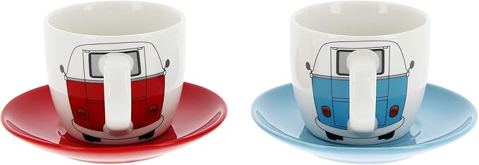 BRISA VW Collection - Volkswagen Espresso Cups Coffee-Tea-Cappuccino Set in T1 Bus Campervan Design (Bus Front/100ml/3.4 fl oz) (Set of 2 (red, blue))