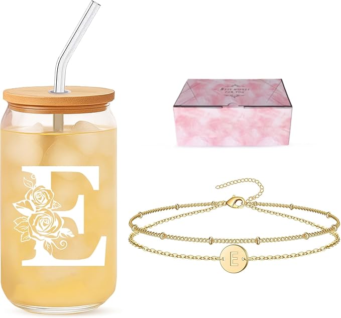 Friendship Gifts for Women, Initial Glass Cup and Bracelet Gift Set, Personalized Letter Gift for Appreciation and Just Because