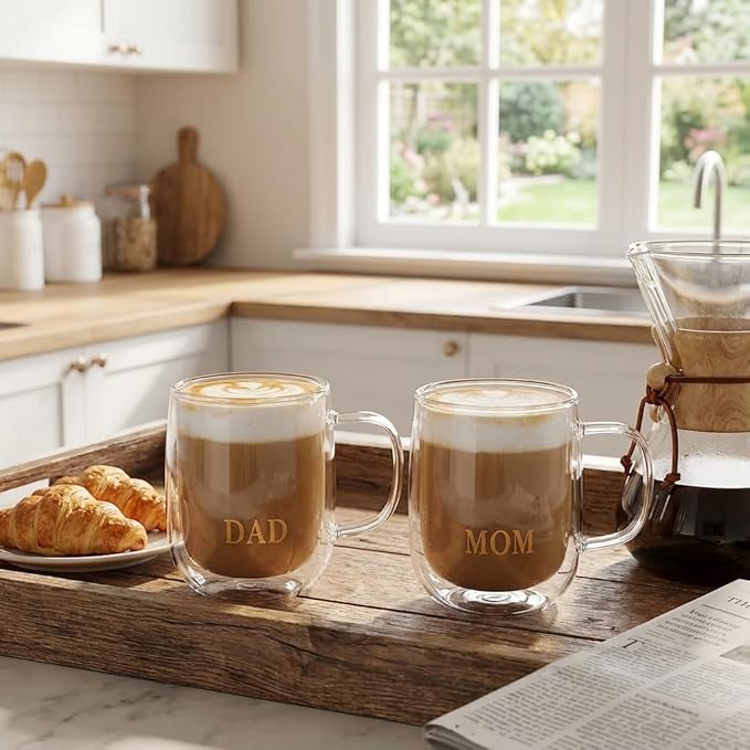 COLLECTIVE HOME - Double Walled Glass Coffee Mugs, Insulated Coffee Mug with Handle, Wedding gifts, 14oz Couple Mug Sets (Mom & Dad)