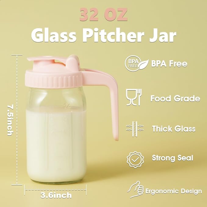 32oz Glass Pitcher with Lid & V-shaped Pour Spout - 1 Quart Double Leak Proof, Creamer Container for Sun Tea, Juice, Cold Brew Coffee, Breastmilk Storage Container