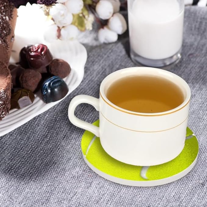 Round Ceramic Stone Cork Drink Coasters, Tennis Ball with White Line Absorbent Removable Non-Slip Cup Mat Place for Kitchen Counter Drinks Coffee Cup Tableware Set of 1 (4 * 4 Inch)