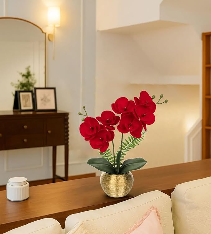 Briful Orchid Fake Flowers 13'' Red Silk Orchid Artificial Flowers with Gold Pot Small Faux Orchid Arrangement for Home Office Dining Room Table Centerpiece Shelf Decor